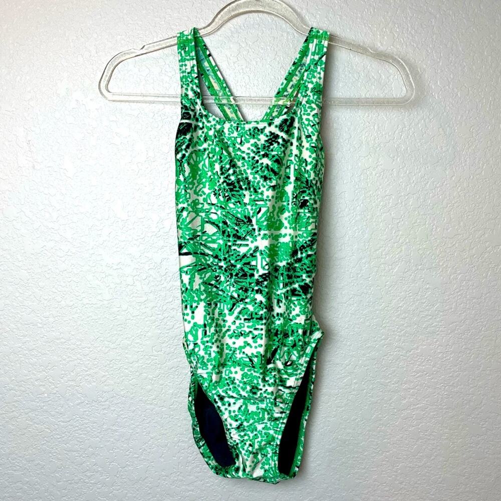 Vintage SPEEDO One Piece Swimsuit Neon Green Print Size 6